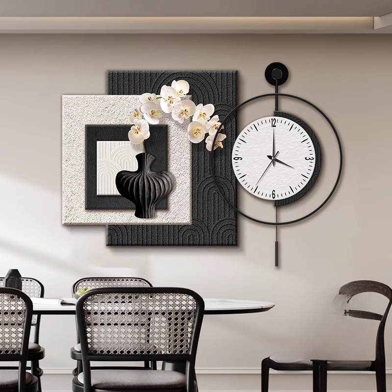 抽象简约风餐厅装饰画黑白高级感饭厅餐桌背景墙钟表挂钟组合挂画