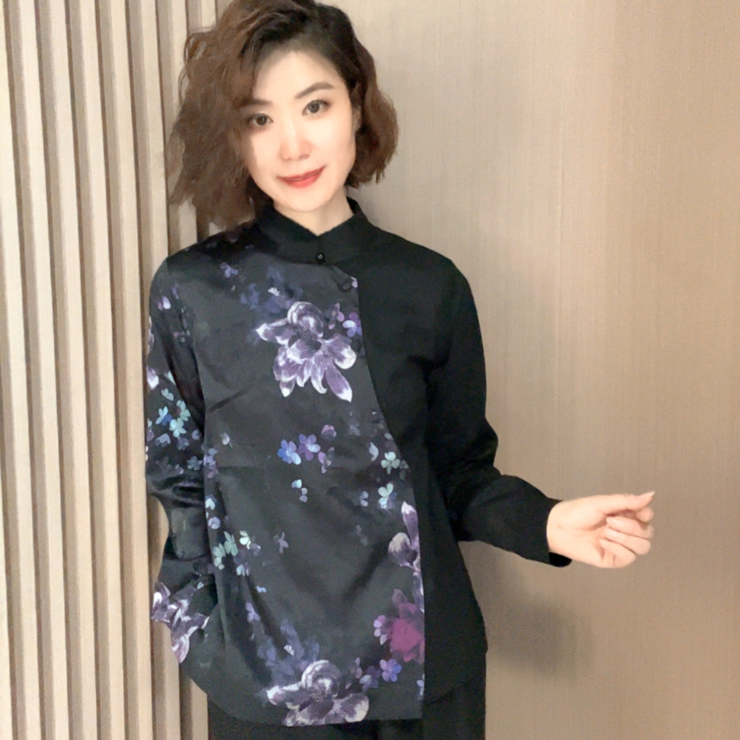不对称成人长袖衬衫女时尚中国风打底秋冬网红复古中式印花气质
