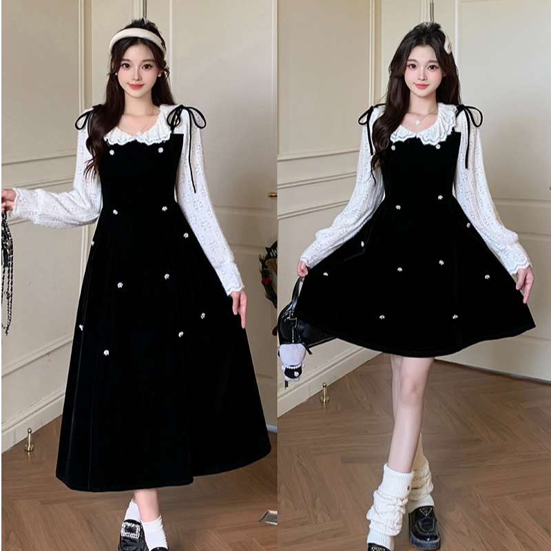 2025冬装新款胖mm大码女优雅假两件长短款丝绒连衣裙23356+23353