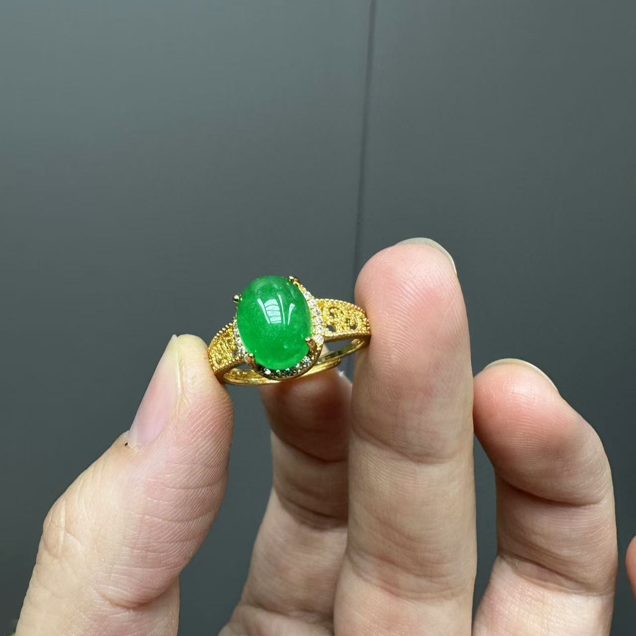 翡翠14k祥云雕刻戒托小蛋面戒指