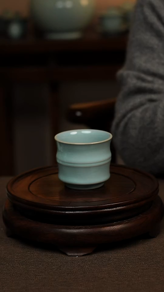 瓷片天青色全手工竹节杯100ml微瑕不带礼盒
