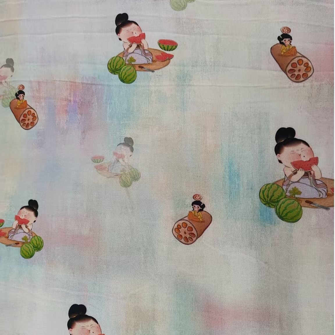 高支丝光棉贡缎 西瓜小糖人 数码印花面料新工艺连衣裙柔软透气