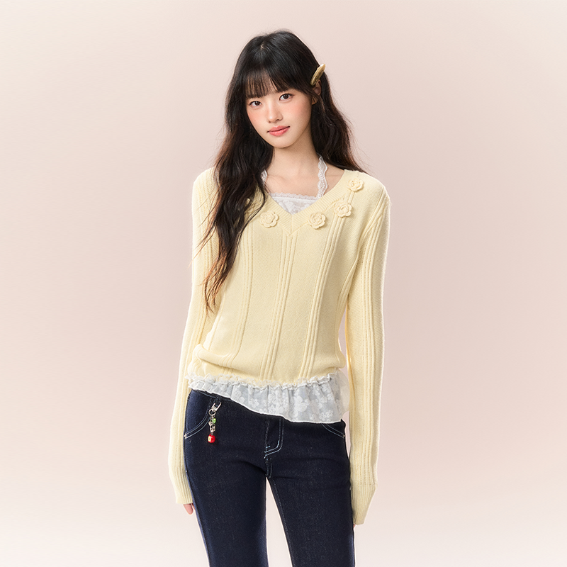 NTOT 假两件不规则下摆毛衣立体花朵设计感针织衫NOTMY24615