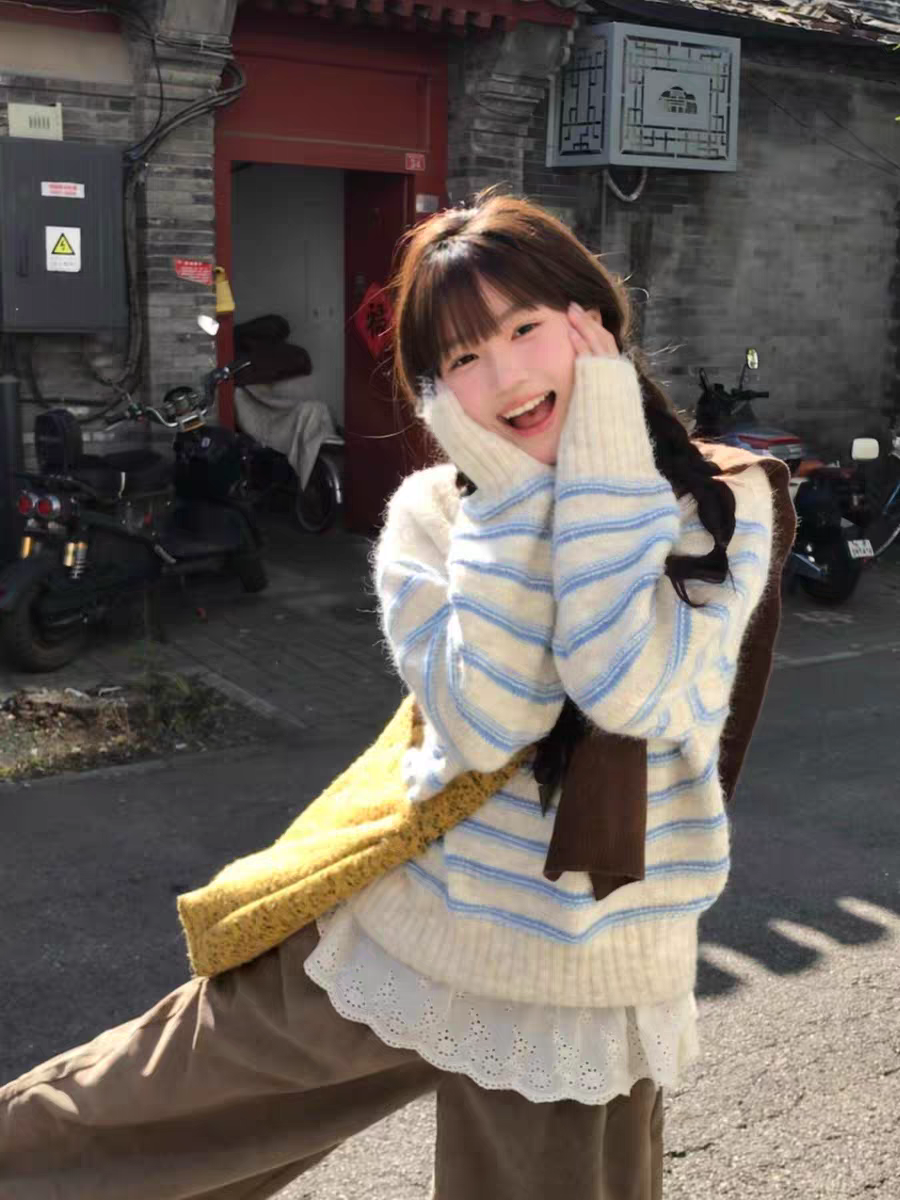 新款合集  韩版毛针织衫公主袖韩系保暖百搭慵懒风针织圆领条纹