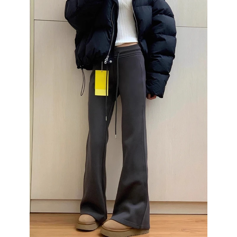 深灰色微喇休闲裤女秋款上新大码高腰弹力遮胯显瘦阔腿运动卫裤