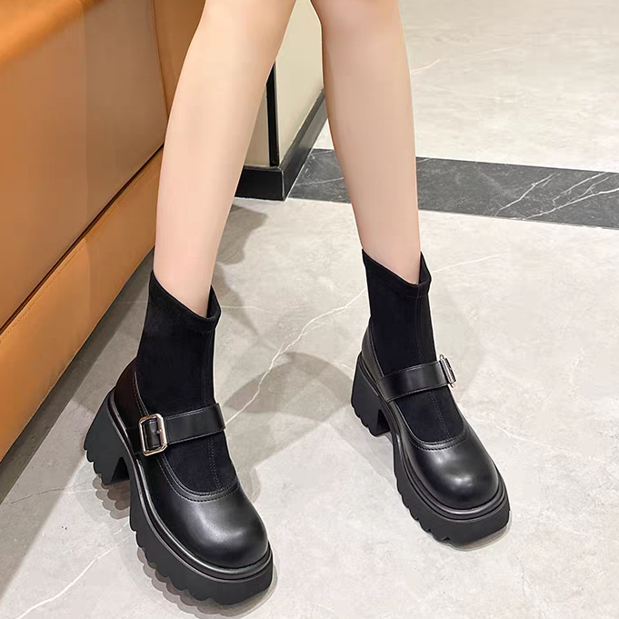 W90-1L厚底粗跟靴子女秋冬新款高跟短靴百搭瘦瘦靴时尚弹力袜靴