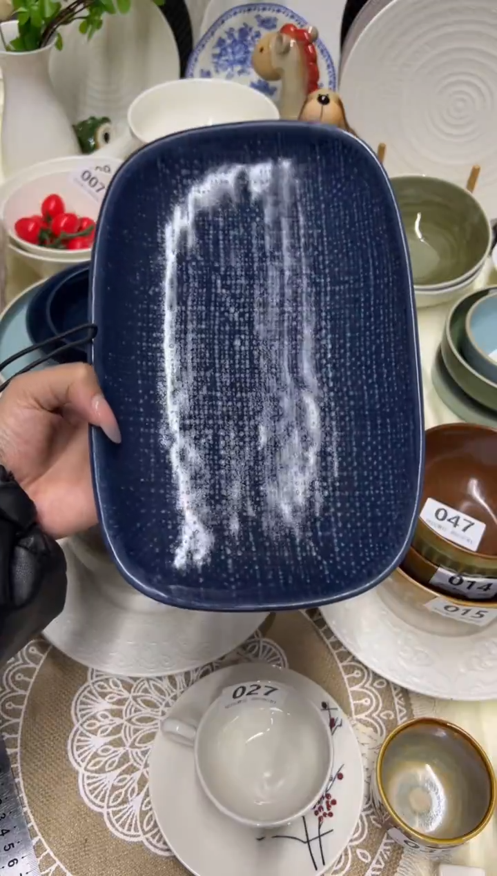 新骨瓷056 瑕疵 哑光 深蓝 麻布10,5寸长方盘