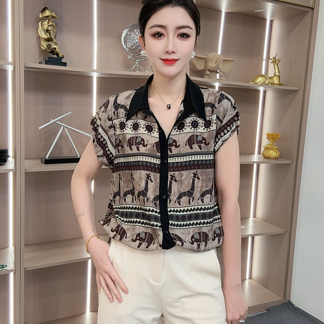 【众帆女装2】印花提花衬衫v领成人碎花潮流常规时尚薄款立领夏季