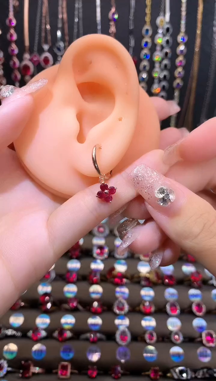 耳饰银S925镶嵌红宝石玫瑰金