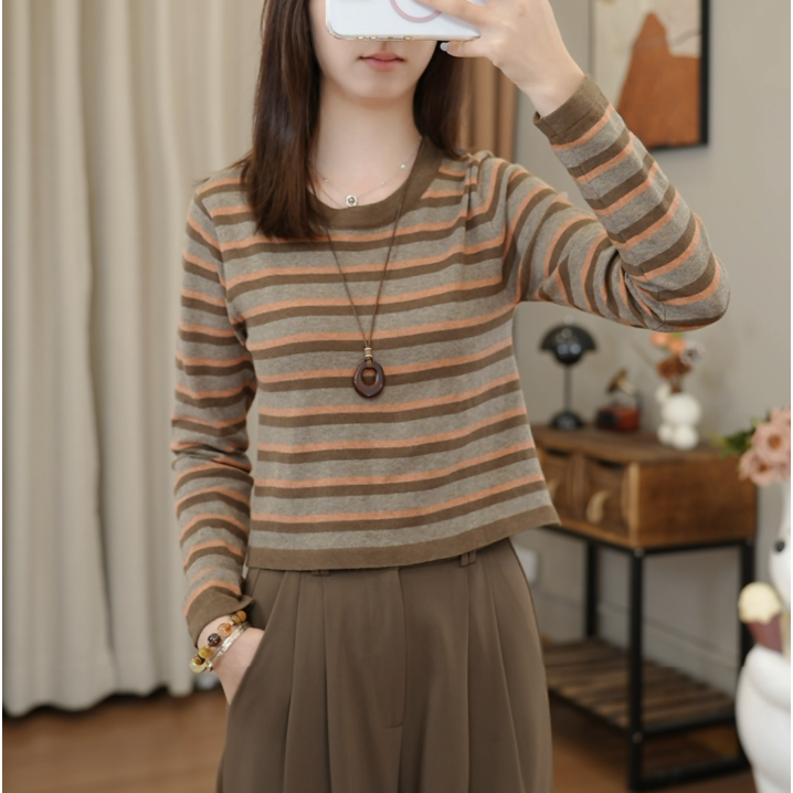 小个子秋款条纹透气圆领长袖拼接T恤宽松针织百搭时尚