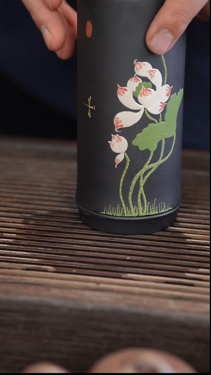 茶壶紫砂双层保温杯 黑金砂 荷花 340cc