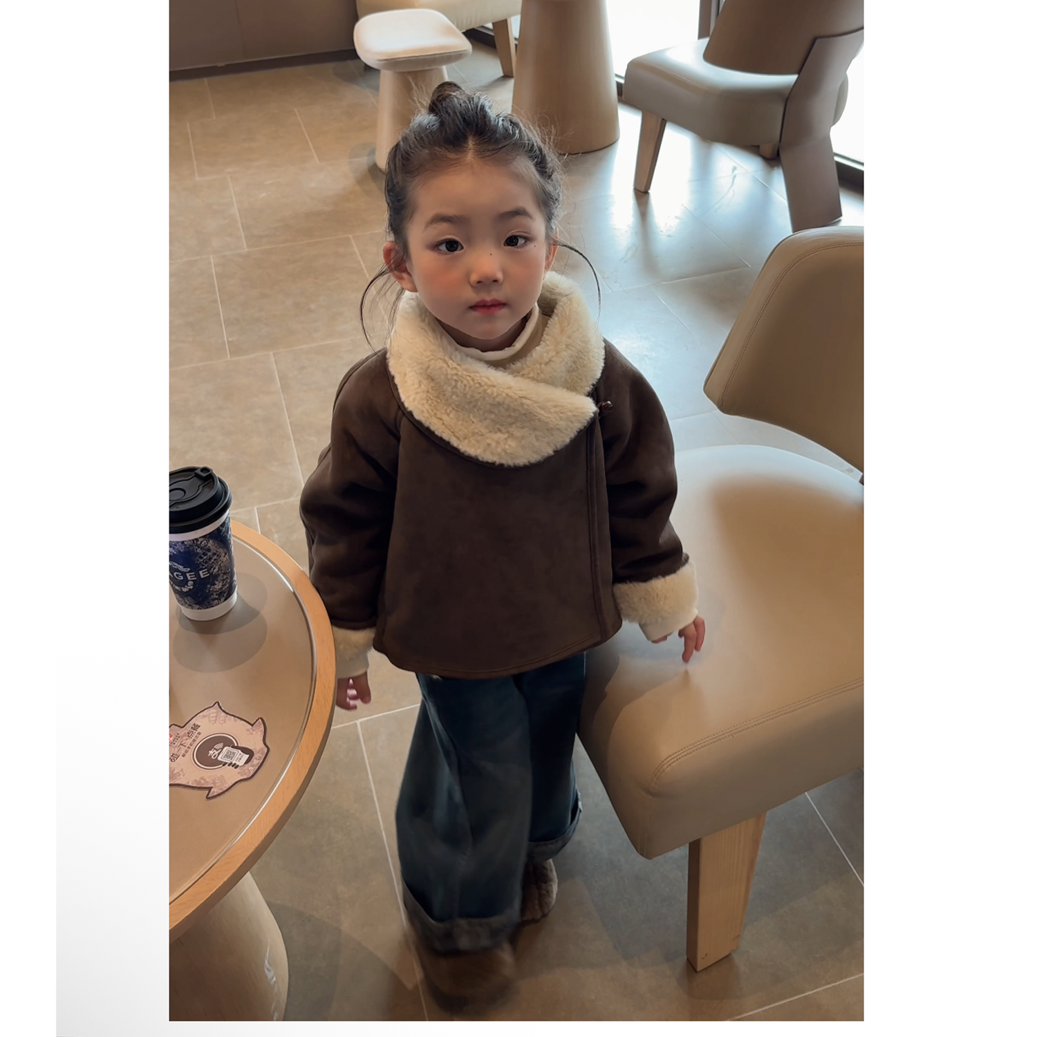 90-140女童麂皮绒外套儿童+加绒牛仔裤