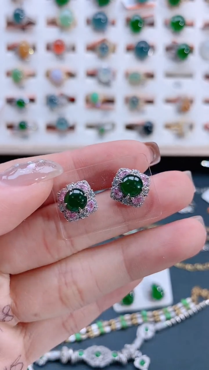 银S925镶嵌翡翠耳饰天然翡翠