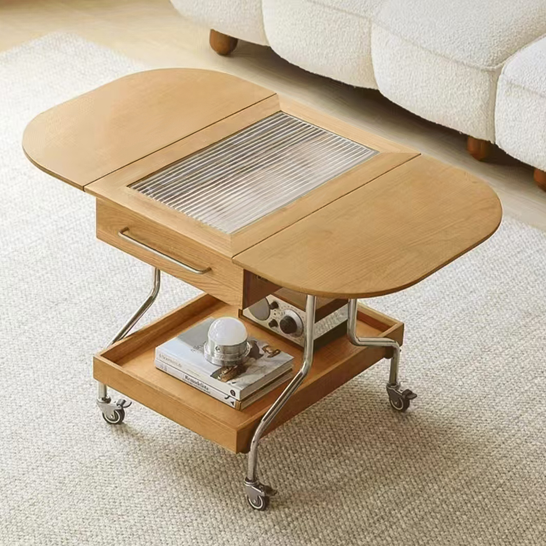 白橡木茶几 北美进口白橡木移动茶几 万向轮茶几 可折叠