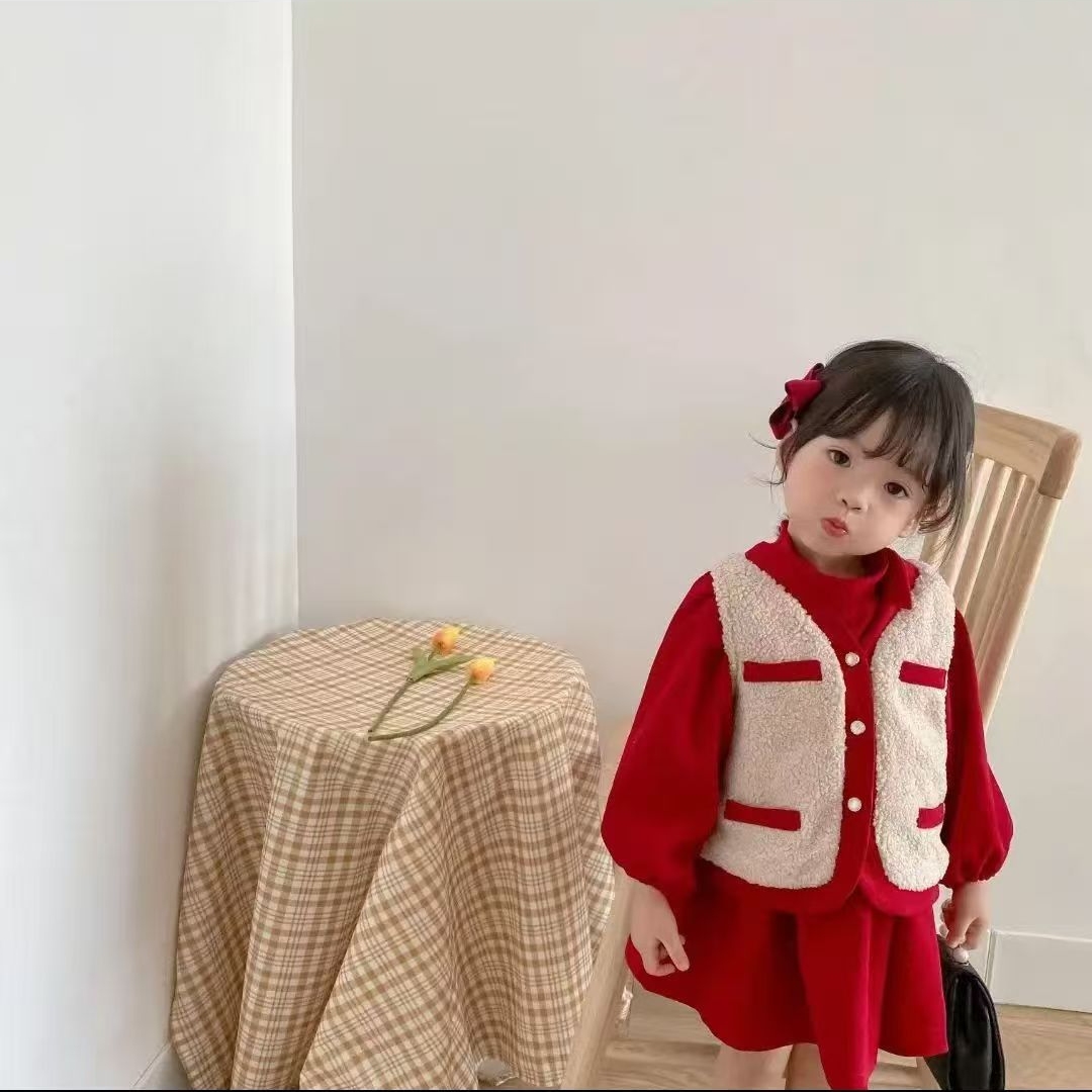 女童气质新年战袍背心红色连衣裙套装小女孩秋冬季新款淑女两件套