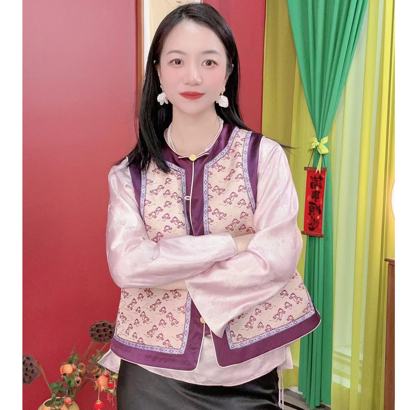 ‘紫气东来’祥云拼接丝毛缎如意老宋锦桑蚕丝马夹