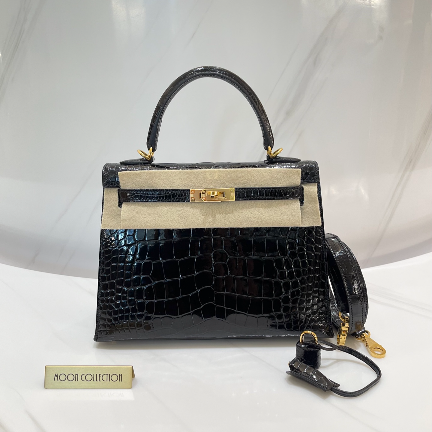 99新 Hermes/爱马仕 二手 kelly25 亮面方块鳄鱼 黑金y刻