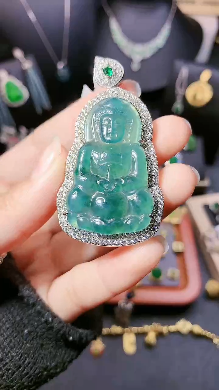 【闪购商品】翡翠毛衣链银S925镶嵌吊坠