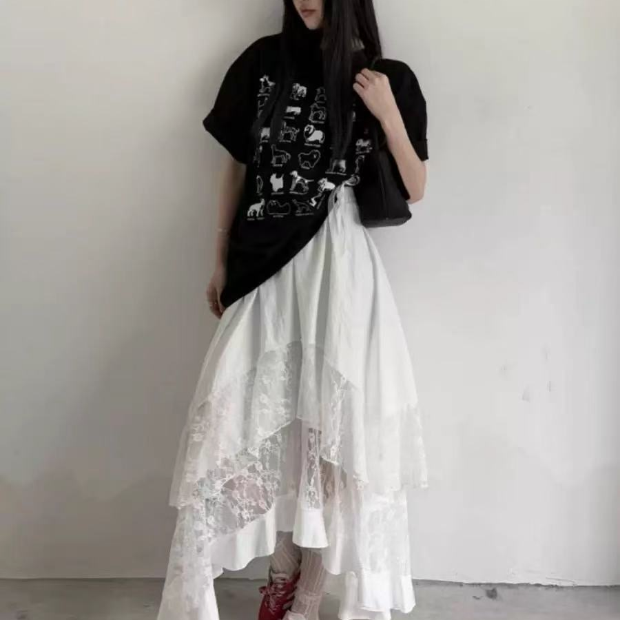 春夏新品韩系气质百搭蕾丝拼接纯色高腰半身裙