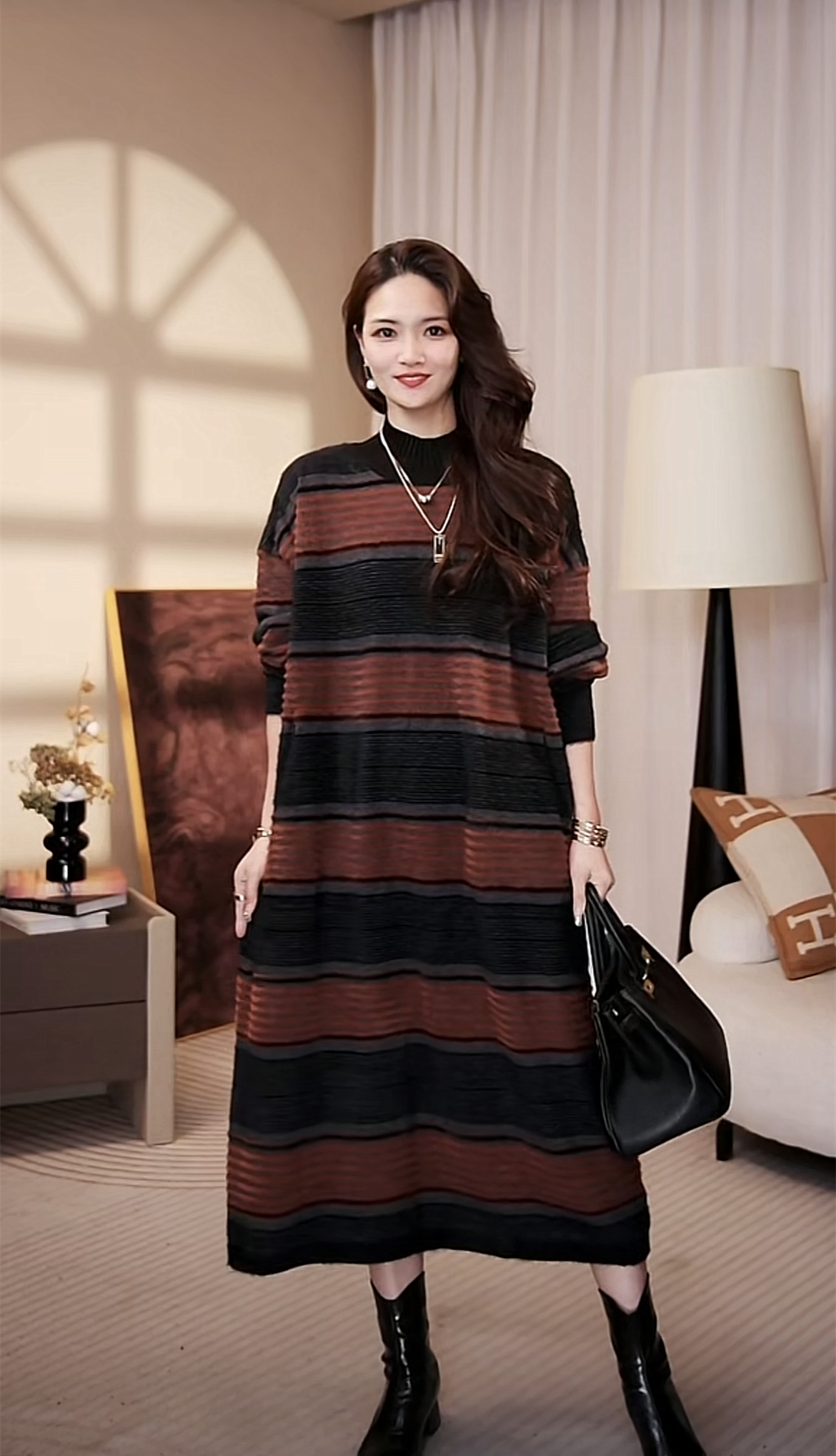 水貂绒[横排咖]冬季长款百搭毛衣显瘦连衣裙-1249#