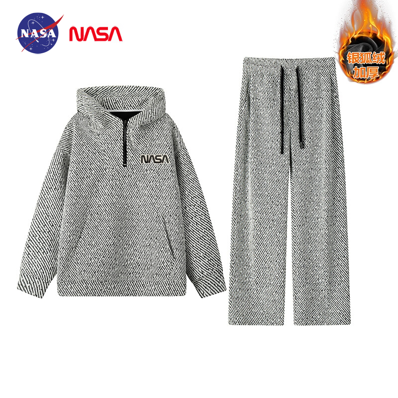 NASA【高端绣花】男女同款加绒加厚连帽套头银丝斜休闲条纹卫衣套装