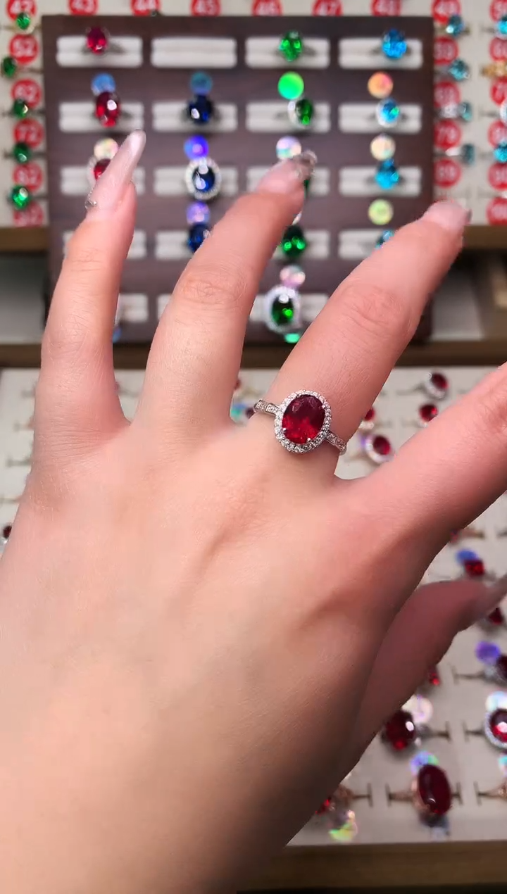 银S925镶嵌戒指红宝石7*9 酒红 银托