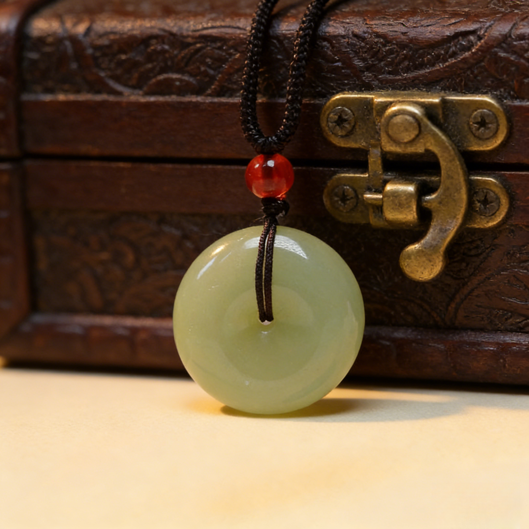 AJ- G4 浅绿平安扣挂坠 黑绳红珠点缀 温婉氛围拉满 