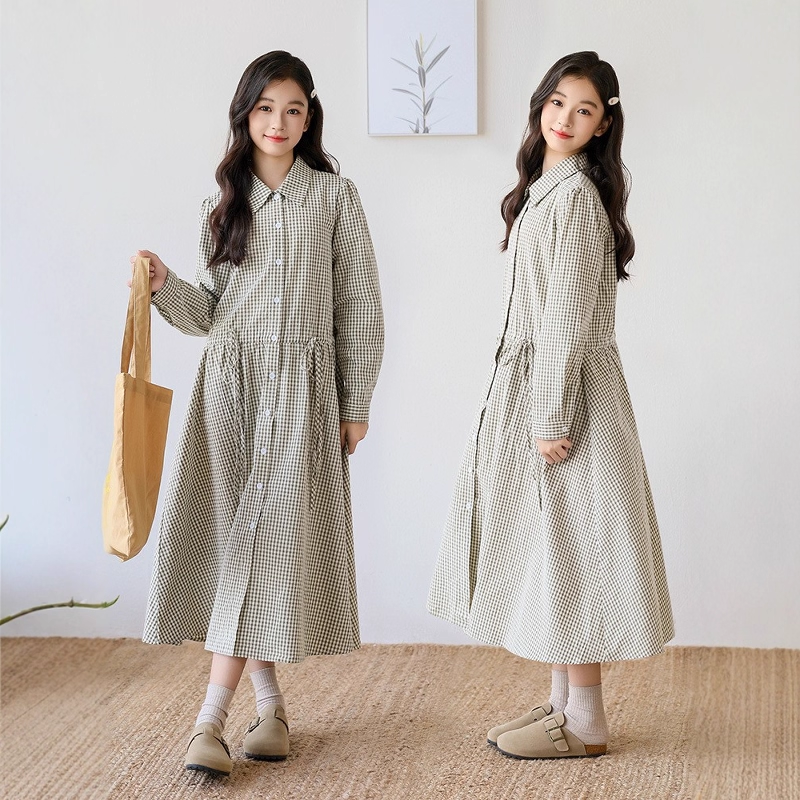 女童连衣裙春秋长袖格子2025韩版新款中大儿童女孩洋气衬衫长裙子