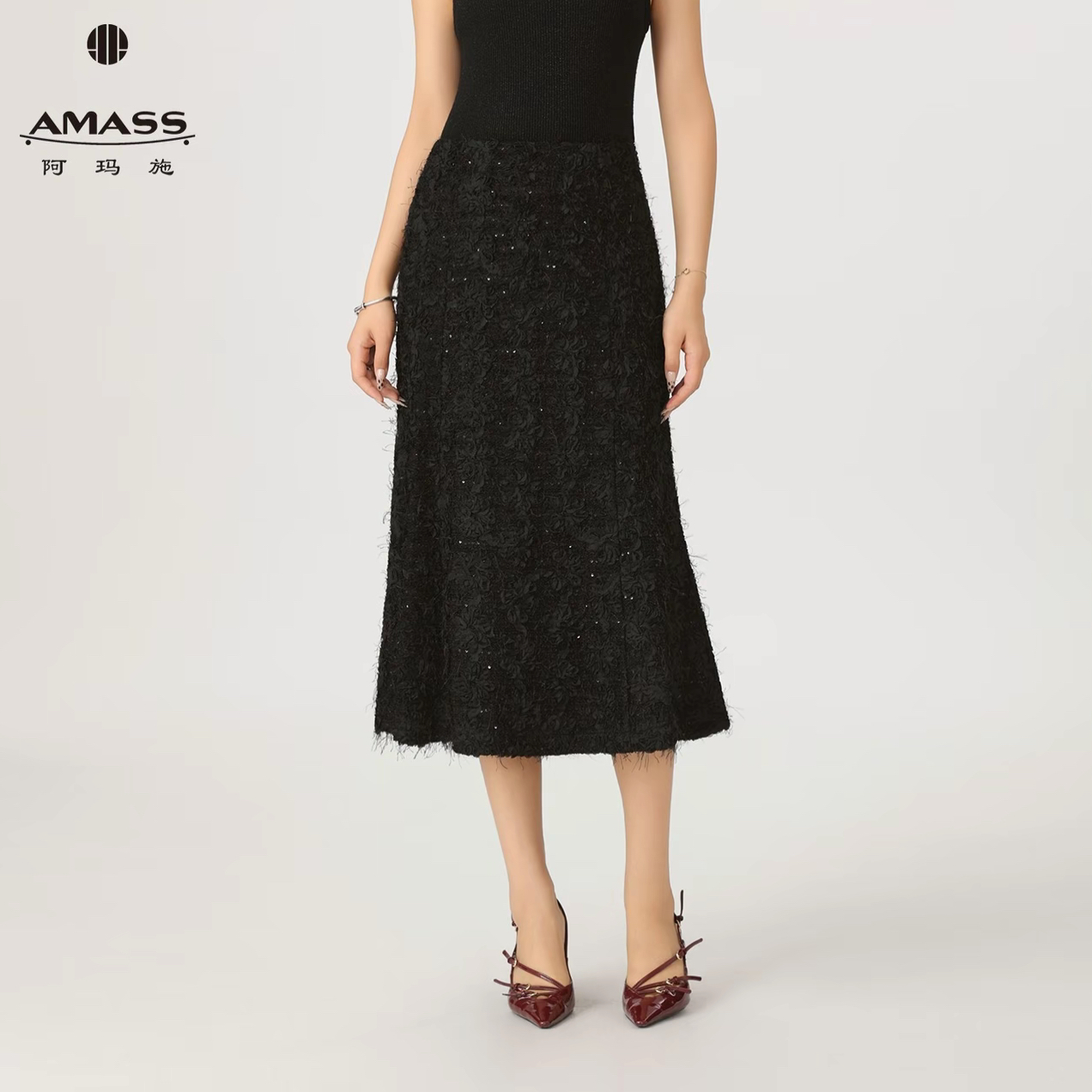 AMASS/阿玛施中长裙女性半身裙飘带通勤直筒裙成人松紧O型5200404