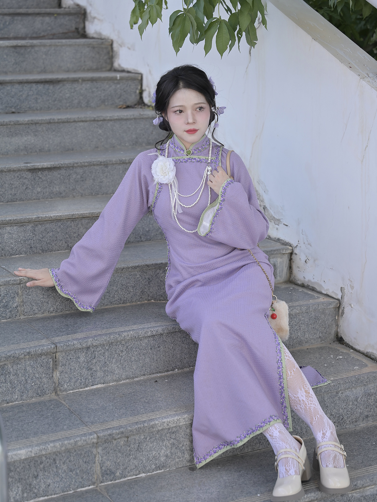 香笺二十四【紫熏小姐】复古民国风倒大袖全开襟刺绣秋冬旗袍裙