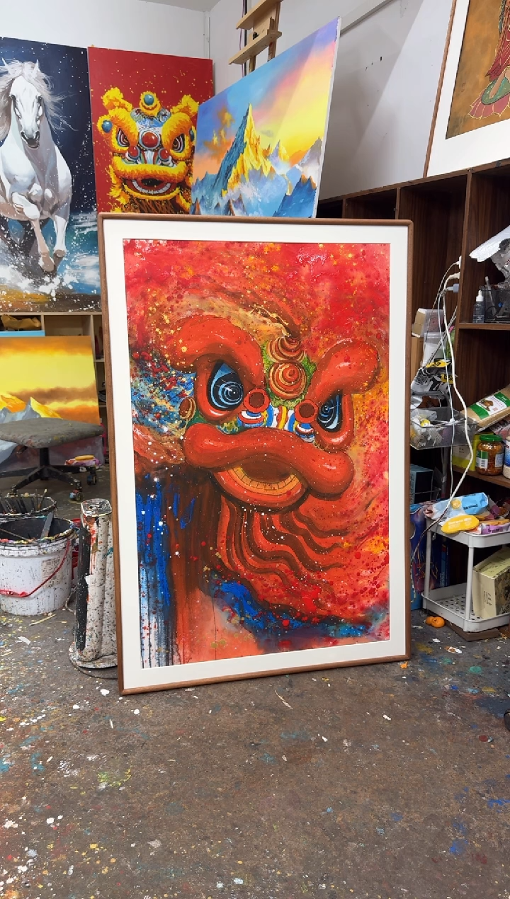 丙烯画宁***腾懒羊羊老师醒狮精装裱
