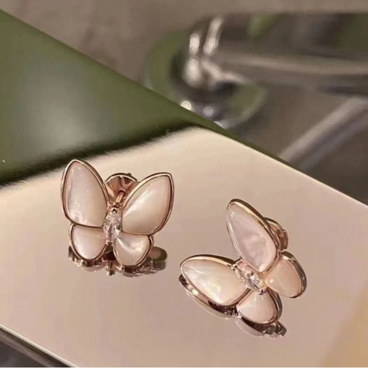 99新 梵克雅宝 小花6枫Two Butterfly 蝴蝶 耳环 18K玫瑰金拼钻石