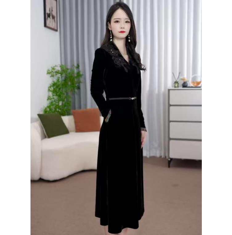 #CL039.秋季新款时尚简约长袖连衣裙妈妈气质收腰显瘦百搭裙子