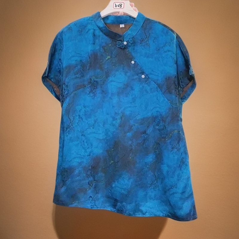 8036-蓝天-圆领薄款斜襟花纹失序混搭风气质小衫上衣