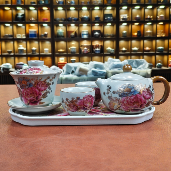 ZH4024-掐丝金牡丹提梁壶带茶盘