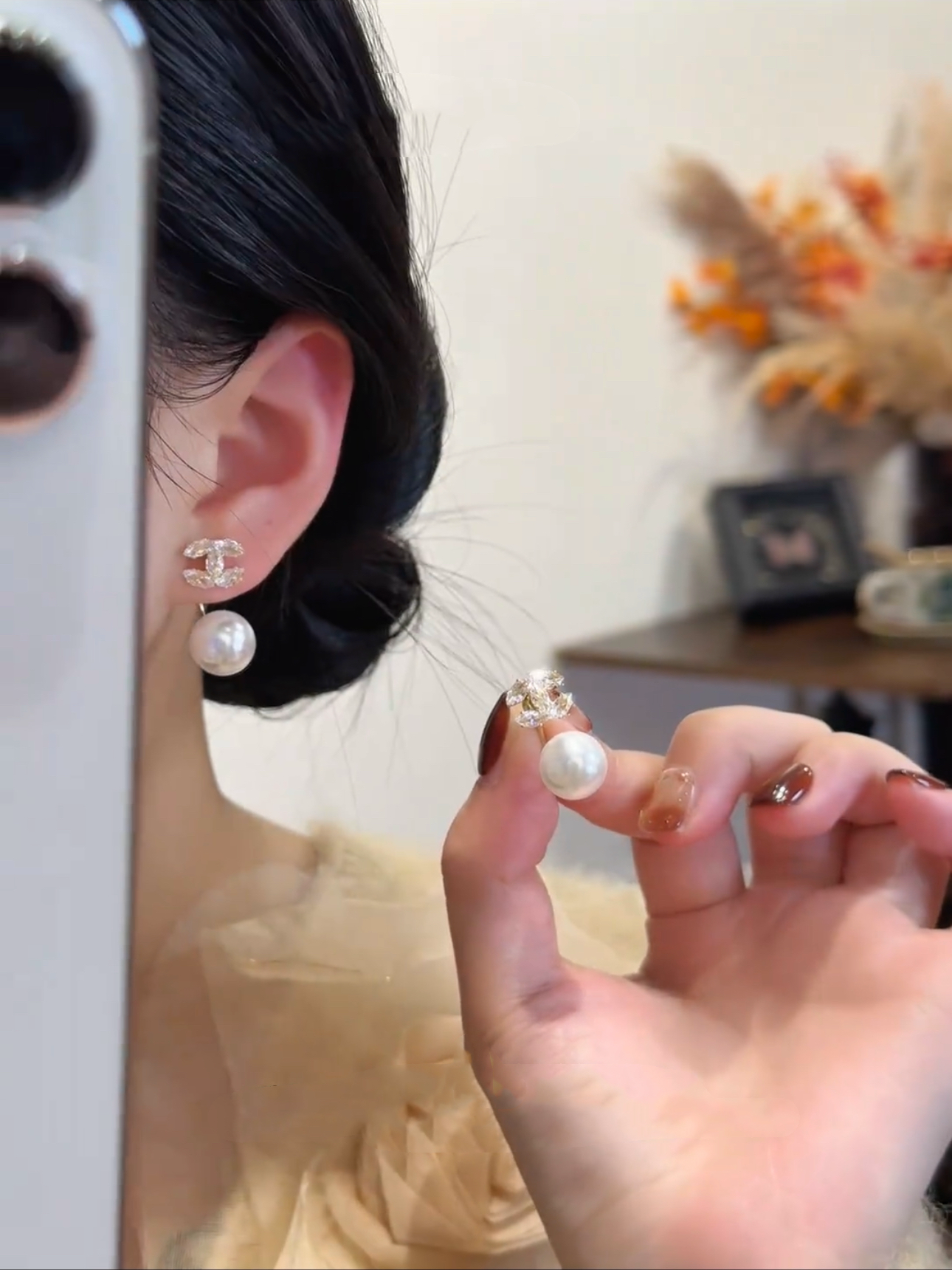 925银针小众设计感锆石字母珍珠耳环气质百搭耳钉一款两戴耳饰女