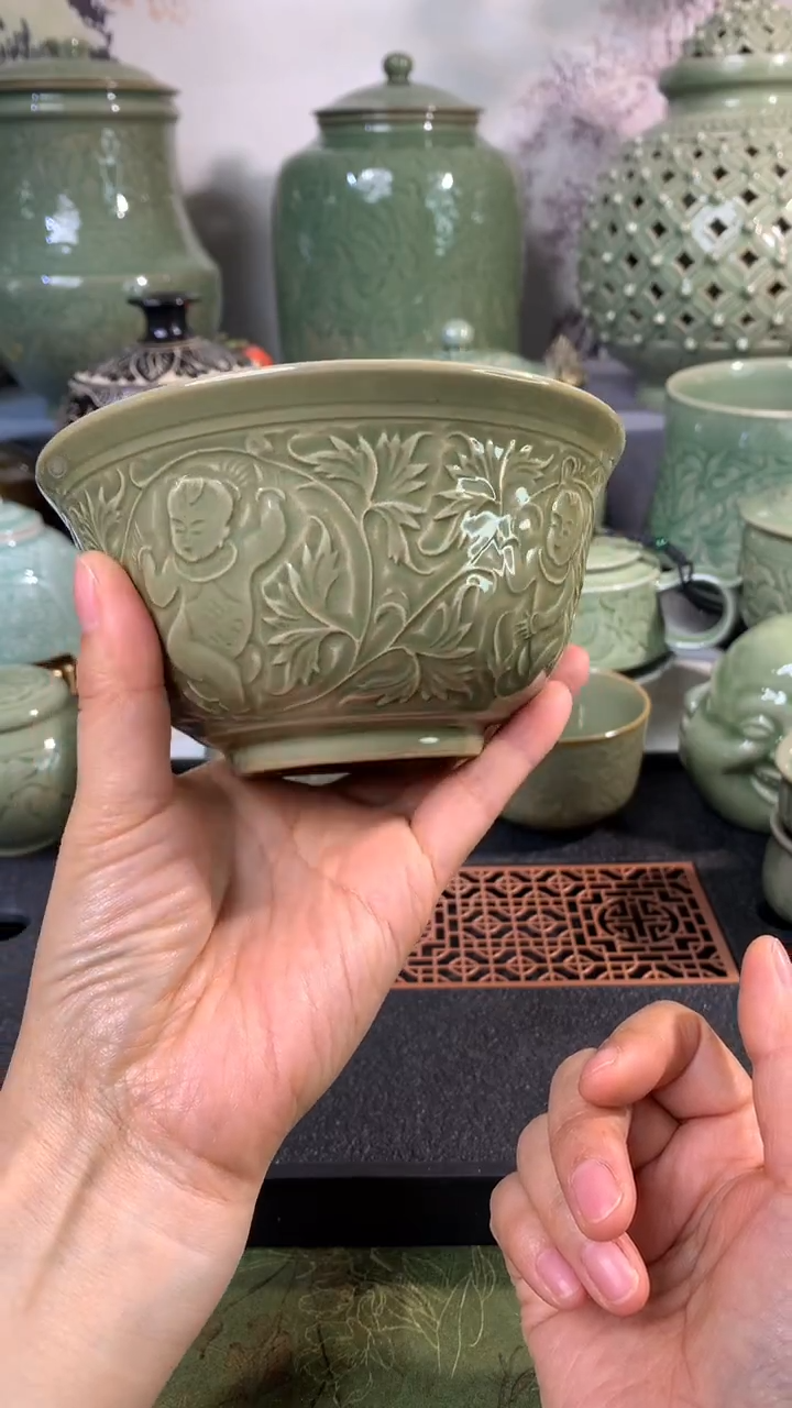 现代耀州窑微瑕小口失圆缠枝婴戏碗14CM口径四只