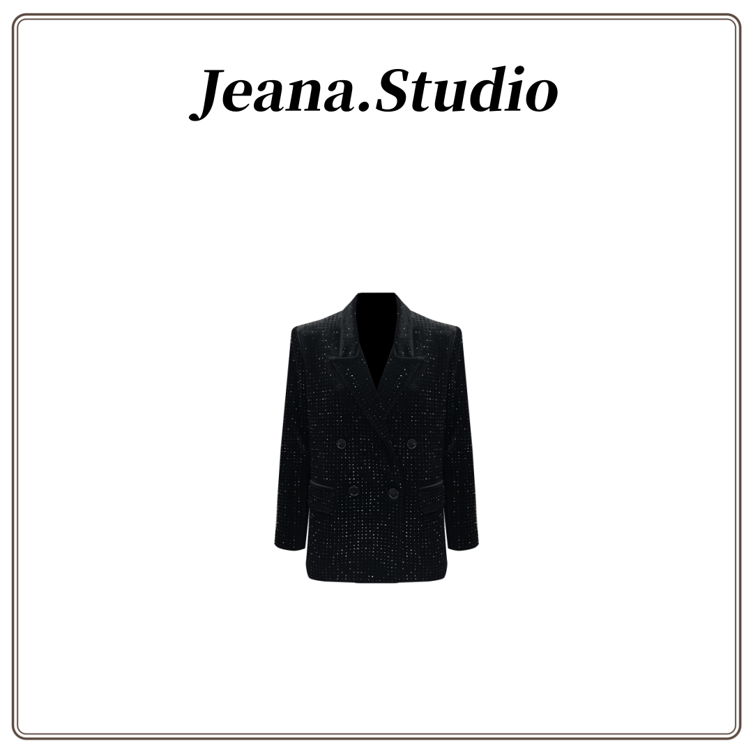 【Jeana.Studio】原创设计重工轻奢黑色满钻烫钻双排扣西装外套