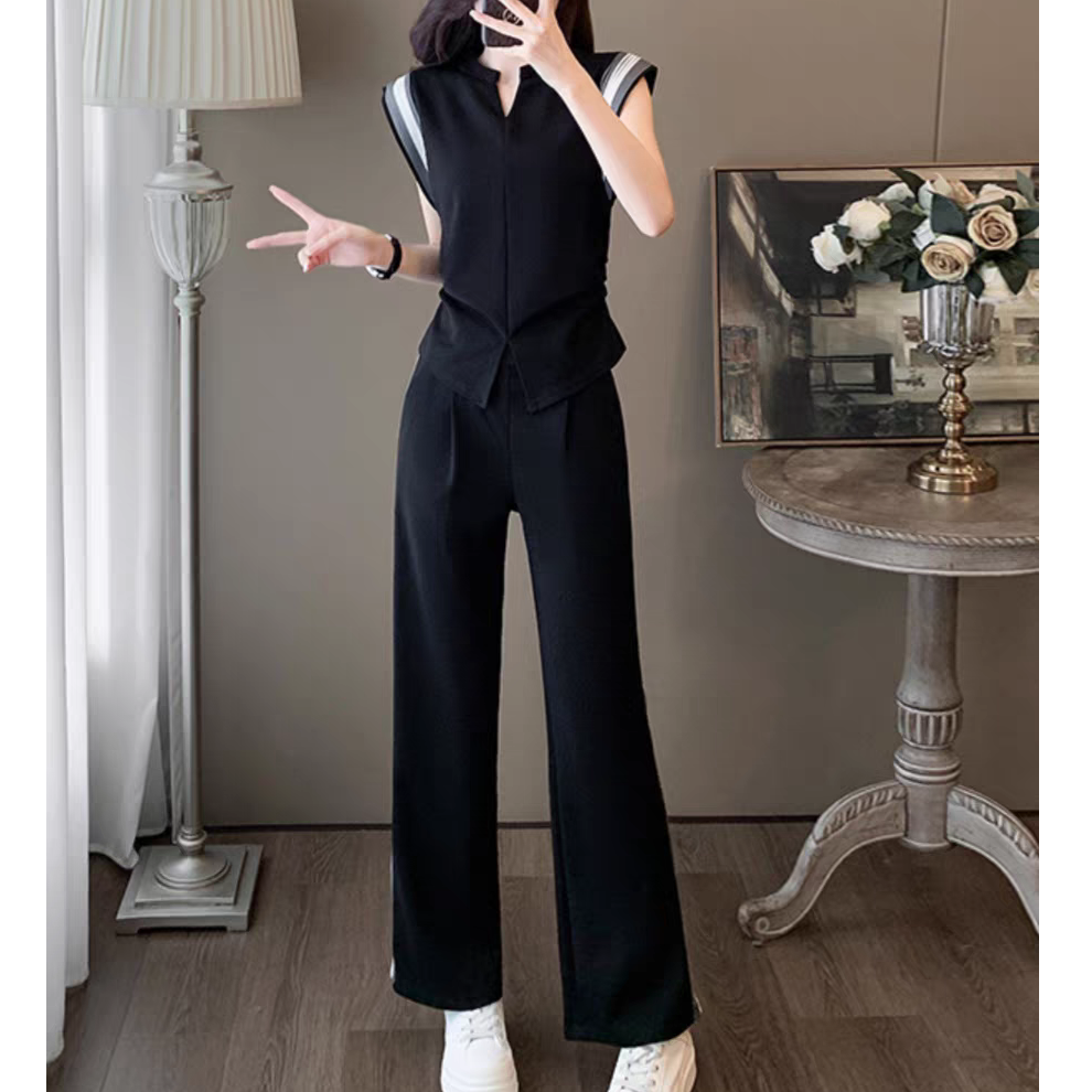 无袖休闲套装女夏季撞色阔腿裤两件套2478# 衣长55 裤长98