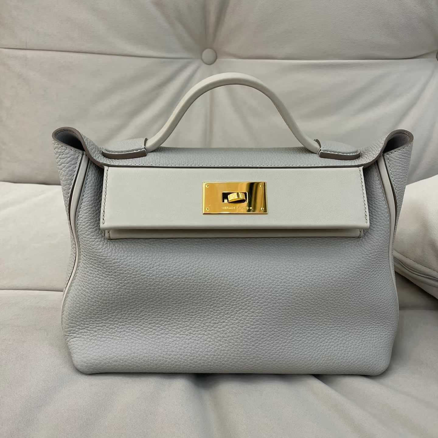 99新 Hermes/爱马仕 2424珍珠灰29金扣D单肩包9433004