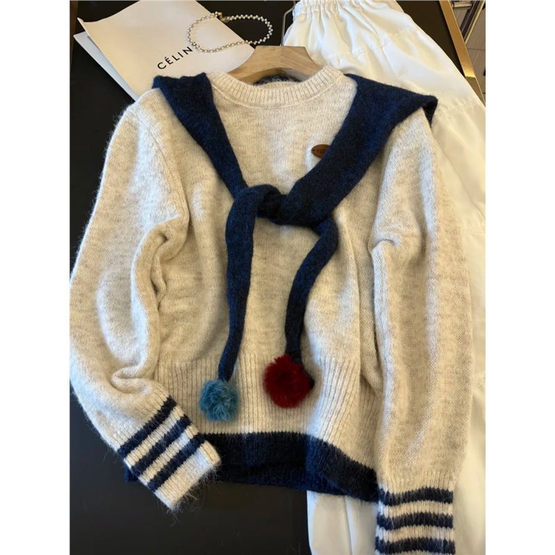 韩系学院风杏色毛衣女秋冬新款甜美针织衫小个子短款毛球披肩上衣