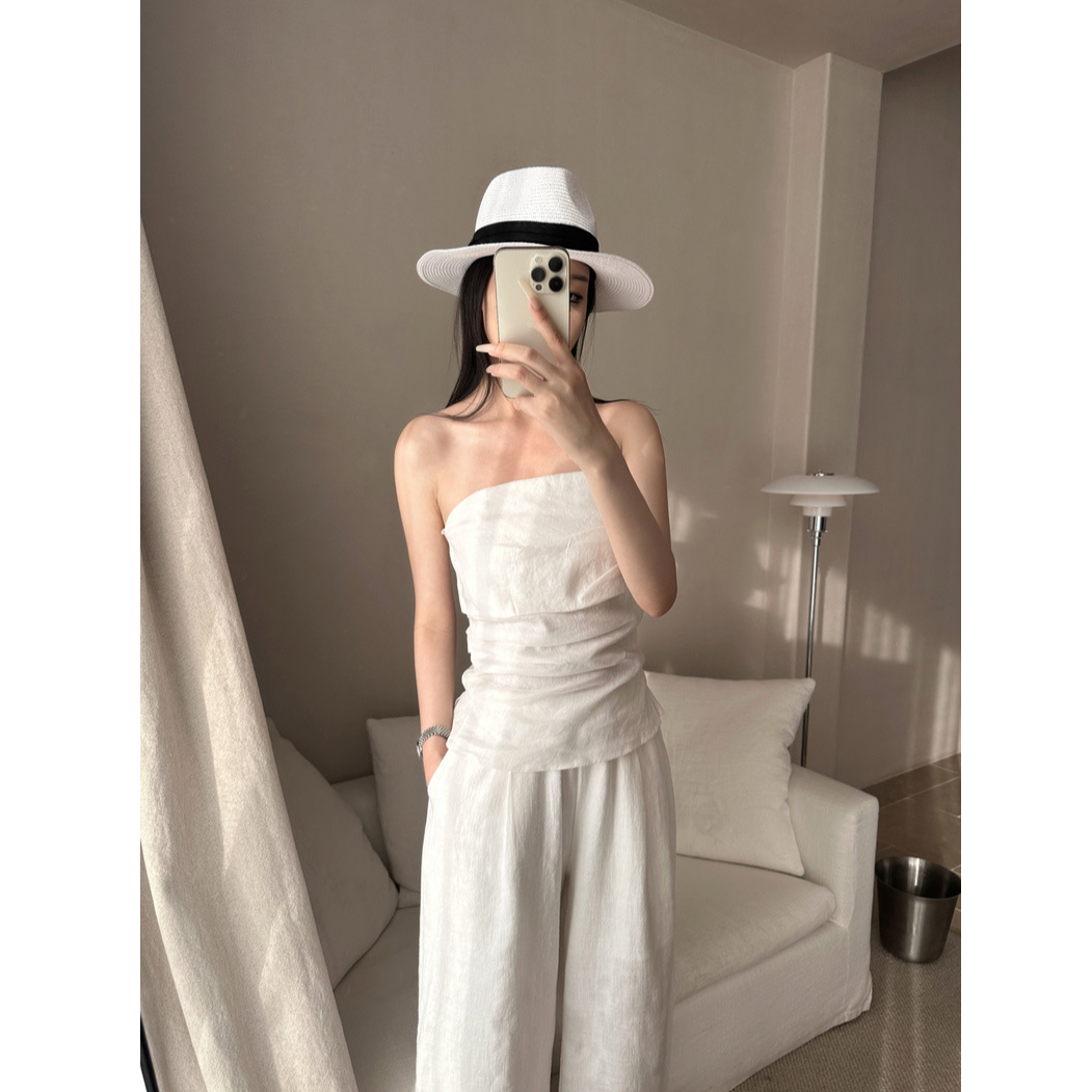 羊咩咩 南法老钱天然亚麻显瘦抹胸上衣两件套女阔腿裤套装
