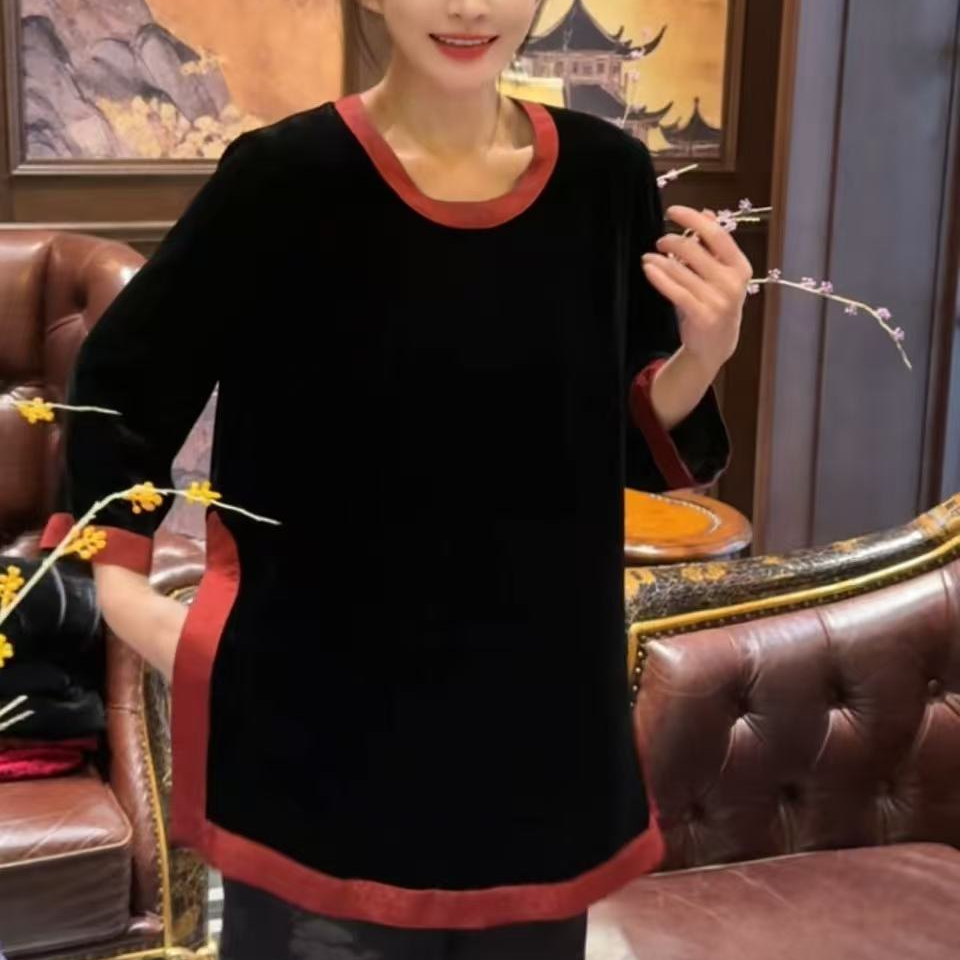 真丝丝绒拼香云纱撞色大衫yy