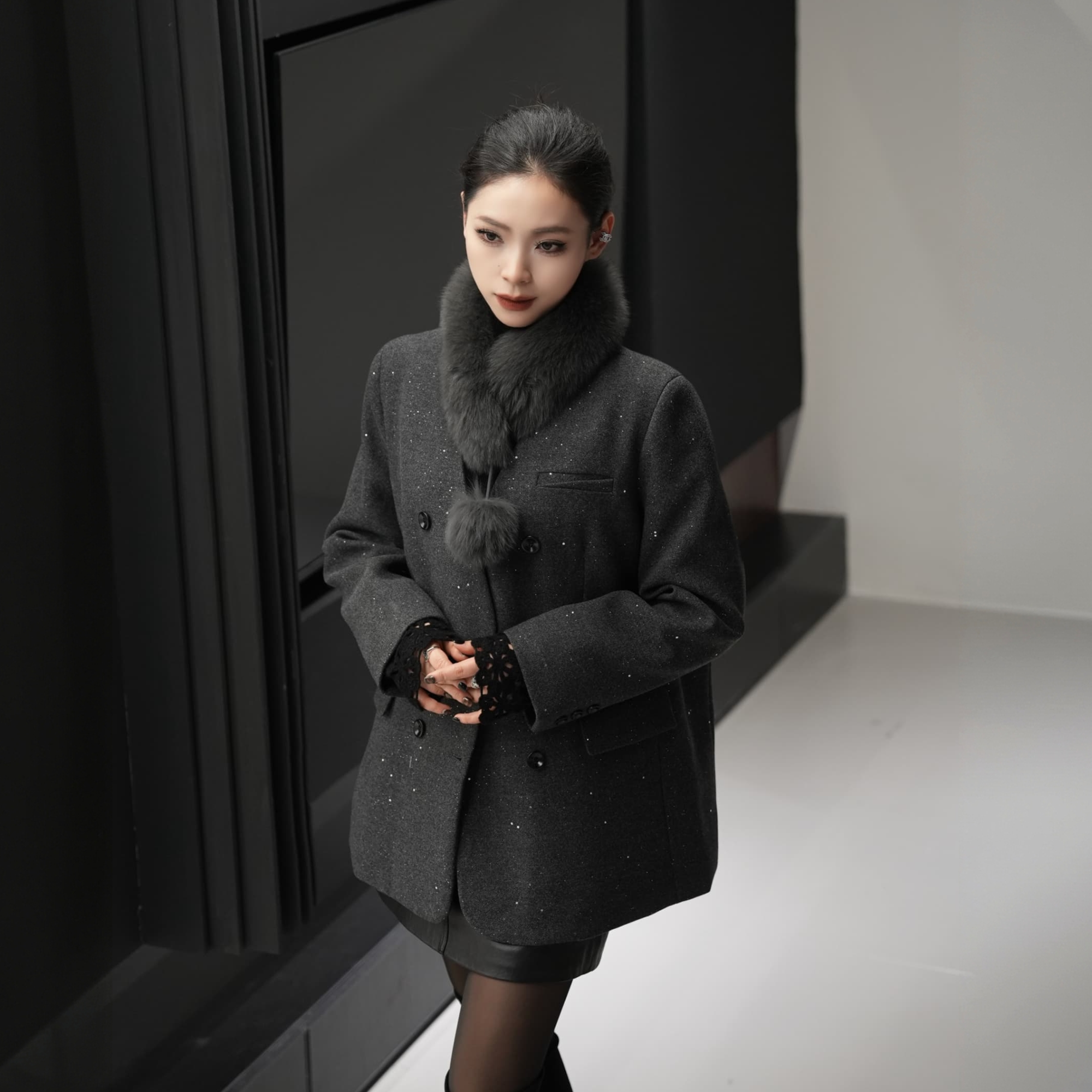 POPULARYW【云海雾凇】气质时髦双排扣配毛领细闪正肩毛呢羽绒服
