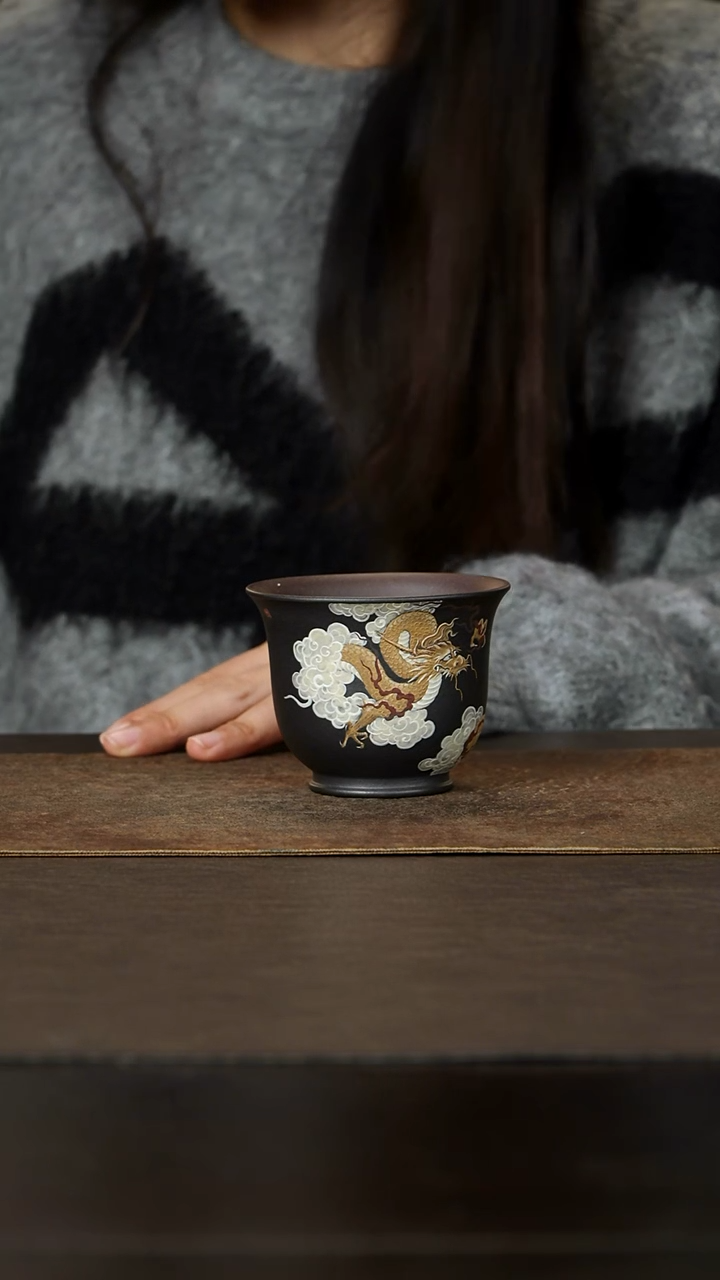 茶杯紫砂杯研所 宝瓶杯 祥云游龙 精品泥绘180cc