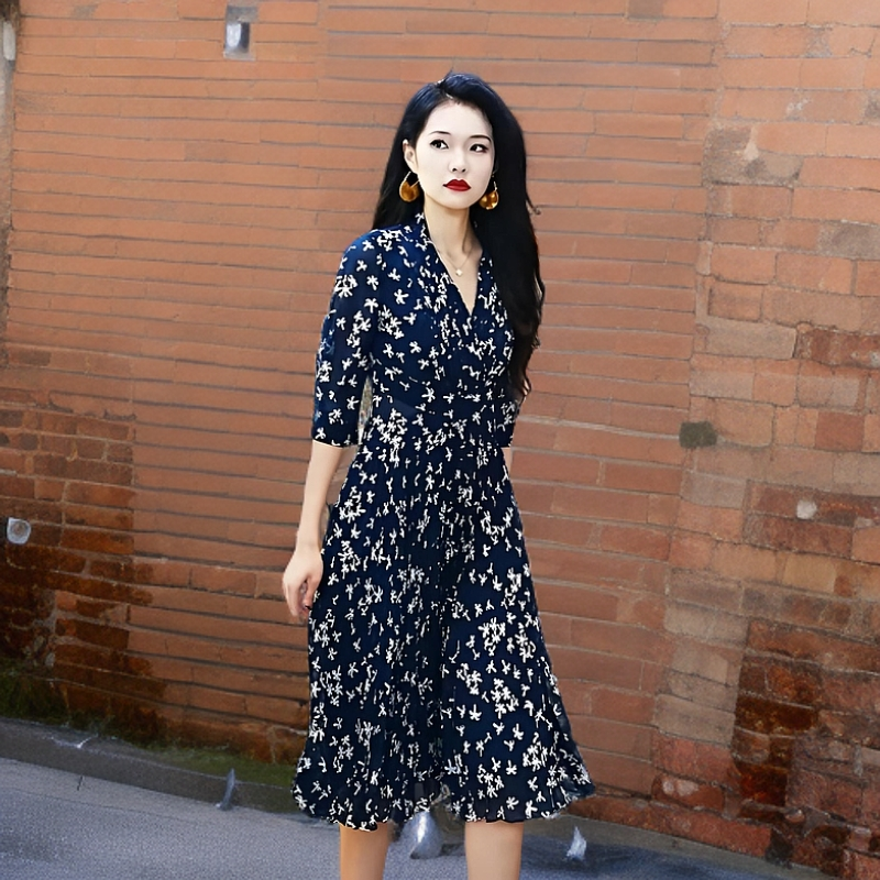 GXO 2025夏季新款V领印花压褶连衣裙LYQ0147