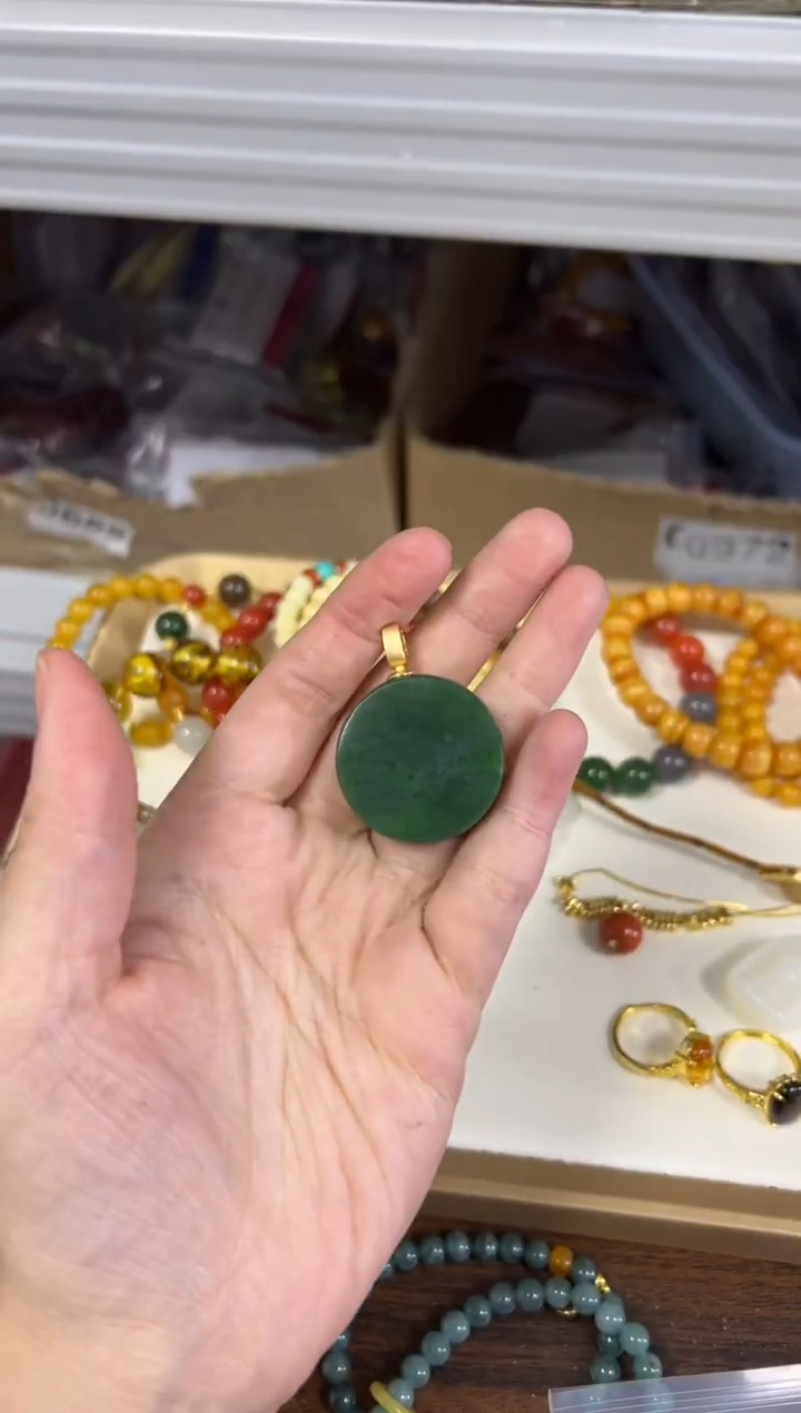 项链银S925镶嵌和田玉和田玉碧玉大厚圆牌银镶嵌万能扣[99]