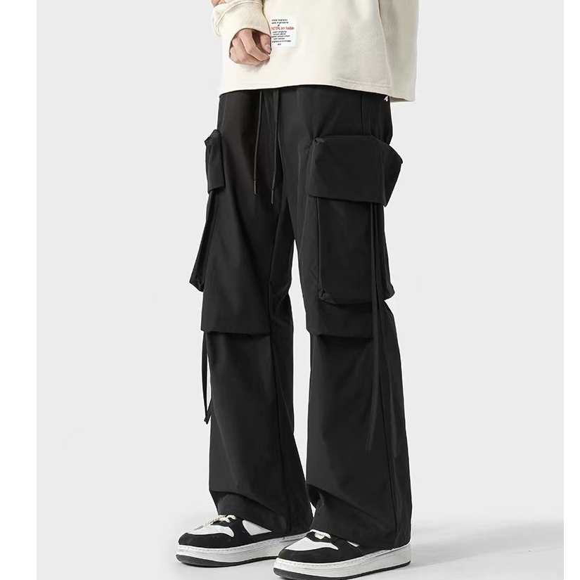 【A98加绒】美式飘带直筒伞兵工装裤潮流百搭阔腿休闲裤~男女同穿