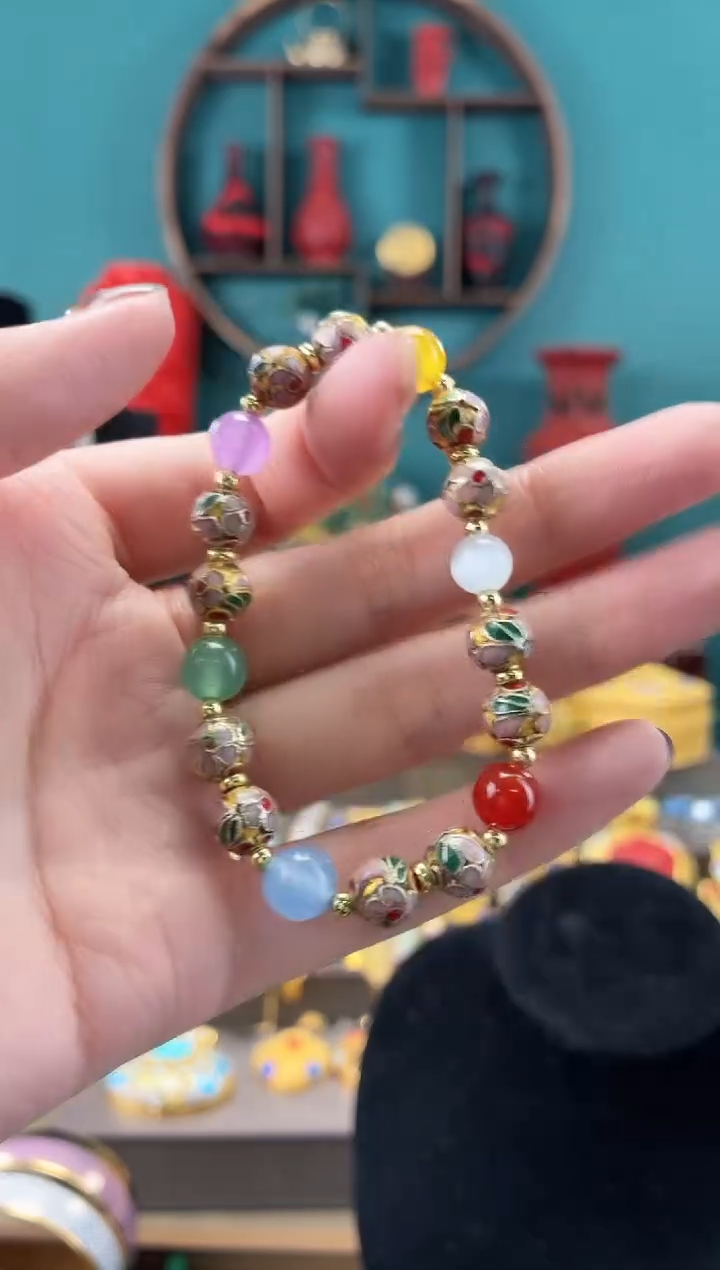 非遗手工景泰蓝金地双珠手串