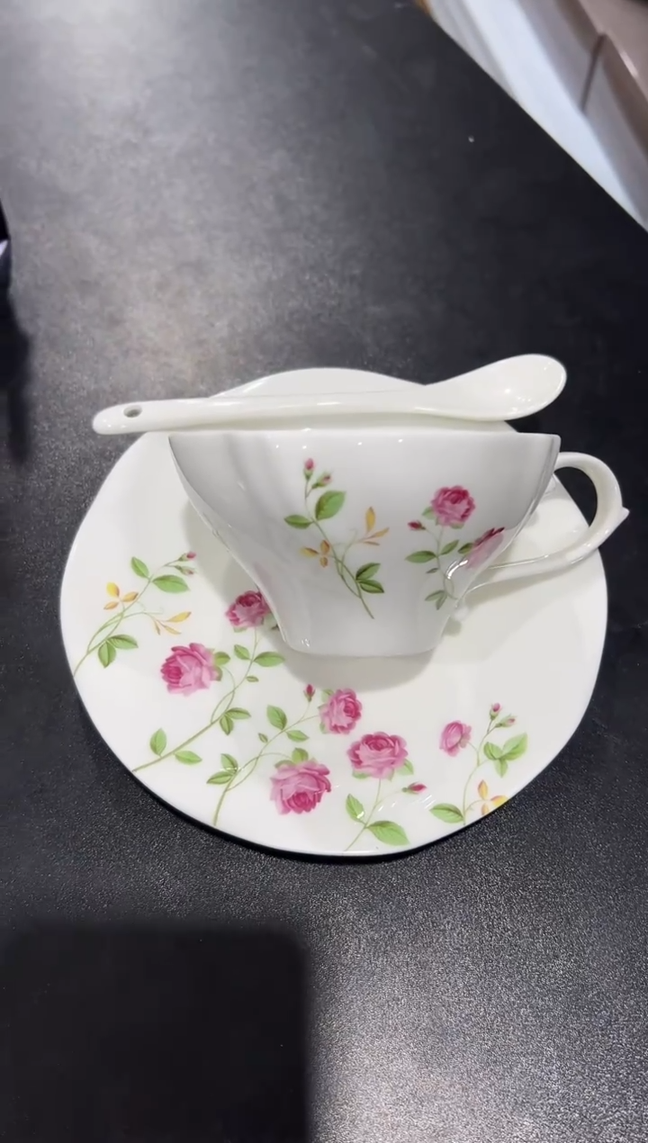 杯子骨瓷（简装）玫瑰咖啡杯碟一套+骨瓷咖啡勺